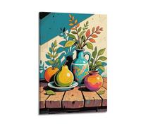 ZlXXYZ Wall Art for Modern Family Office Decor Canvas Posters - Still Life Colorful Bottles, Fruits And Vegetables on Wooden Plank Minimalist Illustration 12x18inch(30x45cm) Frame-style