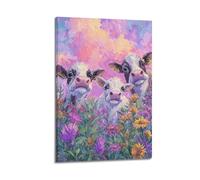 ZLXZPL Animal Dreamy Color Oil Painting of Cows in Flower Field Wall Art Canvas Posters Prints for Modern Family Living Room Decor Artwork 08x12inch(20x30cm) Frame