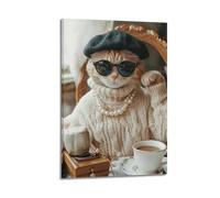 ZLXZPL Animal Retro Fashion Cat with Pearls at Afternoon Tea Scene Wall Art Canvas Posters Prints for Modern Family Living Room Decor Artwork 08x12inch(20x30cm) Frame