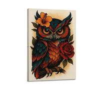 ZLXZPL Animal Traditional Tattoo-style Owl with Flowers Wall Art Canvas Posters Prints for Modern Family Living Room Decor Artwork 20x30inch(50x75cm) Frame