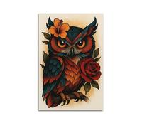 ZLXZPL Animal Traditional Tattoo-style Owl with Flowers Wall Art Canvas Posters Prints for Modern Family Living Room Decor Artwork 20x30inch(50x75cm) Unframe