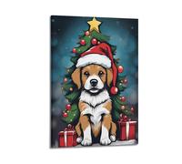 ZLXZPL Christmas Cute Dog In Red Hat Standing By Fir Tree Is Full Of Cuteness Wall Art Canvas Posters Prints for Modern Family Living Room Decor Artwork 08x12inch(20x30cm) Frame