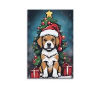 ZLXZPL Christmas Cute Dog In Red Hat Standing By Fir Tree Is Full Of Cuteness Wall Art Canvas Posters Prints for Modern Family Living Room Decor Artwork 16x24inch(40x60cm) Unframe