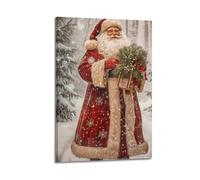 ZLXZPL Christmas Santa With Pine Branches Standing In Snowy Forest Is Full Of Elegance Wall Art Canvas Posters Prints for Modern Family Living Room Decor Artwork 12x18inch(30x45cm) Frame