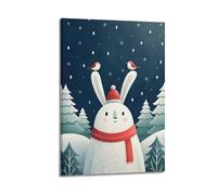 ZLXZPL Christmas White Rabbit In Red Hat Standing In Snowy Forest Is Full Of Innocence Wall Art Canvas Posters Prints for Modern Family Living Room Decor Artwork 08x12inch(20x30cm) Frame