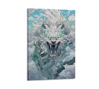 ZLXZPL Culture Chinese Trend Illustration Style White Mane Mythical Beast In Clouds Wall Art Canvas Posters Prints for Modern Family Living Room Decor Artwork 16x24inch(40x60cm) Frame