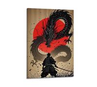 ZLXZPL Culture Ukiyo-e Style Samurai Black Dragon Duel Wall Art Canvas Posters Prints for Modern Family Living Room Decor Artwork 20x30inch(50x75cm) Frame
