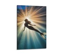 ZLXZPL Deep Sea Legend Mermaid Silhouette in Light Rays Wall Art Canvas Posters Prints for Modern Family Living Room Decor Artwork 24x36inch(60x90cm) Frame-style
