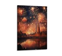 ZLXZPL Festival Fireworks Celebration in European Ancient City Scene Wall Art Canvas Posters Prints for Modern Family Living Room Decor Artwork 08x12inch(20x30cm) Frame