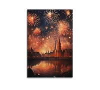 ZLXZPL Festival Fireworks Celebration in European Ancient City Scene Wall Art Canvas Posters Prints for Modern Family Living Room Decor Artwork 08x12inch(20x30cm) Unframe