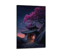 ZLXZPL Landscape Illustration Chinese Pavilion with Flower Tree Under Crescent Moon Wall Art Canvas Posters Prints for Modern Family Living Room Decor Artwork 16x24inch(40x60cm) Frame