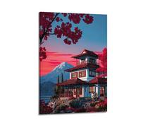 ZLXZPL Landscape Japanese Architecture Landscape with Mount Fuji Wall Art Canvas Posters Prints for Modern Family Living Room Decor Artwork 24x36inch(60x90cm) Frame