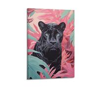 ZLXZPL Office Wall Painting Art Canvas Posters-Animal Poster Mysterious Black Panther Among Pink Leaves Exuding Charm Decorative Painting 08x12inch(20x30cm) Frame-style