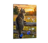ZLXZPL Office Wall Painting Art Canvas Posters-Animal Poster Tabby Cat Wooden Fence Sunset Flower Field Healing Decorative Painting 24x36inch(60x90cm) Frame-style