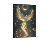 ZLXZPL Office Wall Painting Art Canvas Posters-Fantasy Poster Golden Phoenix Under Crescent Decor Mythical Vibe Bringer Painting 12x18inch(30x45cm) Frame-style