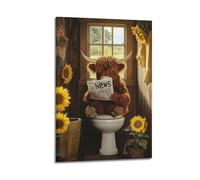 ZLXZPL Office Wall Painting Art Canvas Posters-Fantasy Poster Highland Cow Reading News Bringing Whimsy Decorative Painting 12x18inch(30x45cm) Frame-style