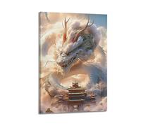 ZLXZPL Office Wall Painting Art Canvas Posters-Fantasy Poster White Dragon With Temple Bringing Majesty Decorative Painting 12x18inch(30x45cm) Frame-style