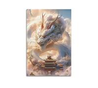 ZLXZPL Office Wall Painting Art Canvas Posters-Fantasy Poster White Dragon With Temple Bringing Majesty Decorative Painting 16x24inch(40x60cm) Unframe-style
