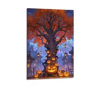 ZLXZPL Office Wall Painting Art Canvas Posters-Halloween Poster Pumpkin Ancient Tree And Fantasy Town Festival Scene Halloween Decorations Show Fairy - Tale Atmosphere 20x30inch(50x75cm) Frame-style