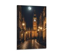 ZLXZPL Office Wall Painting Art Canvas Posters-Landscape Poster London Street Under Moonlight Big Ben Stands Warm Lamps Retro Wall Art 24x36inch(60x90cm) Frame-style