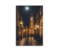 ZLXZPL Office Wall Painting Art Canvas Posters-Landscape Poster London Street Under Moonlight Big Ben Stands Warm Lamps Retro Wall Art 20x30inch(50x75cm) Unframe-style