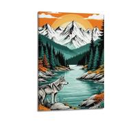 ZLXZPL Office Wall Painting Art Canvas Posters-Landscape Poster Lone Wolf By Mountain Lake Quiet Natural Canvas Art 16x24inch(40x60cm) Frame-style