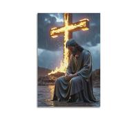 ZLXZPL Office Wall Painting Art Canvas Posters-Religious Poster Figure Praying by Fiery Cross Devout And Dramatic Painting 24x36inch(60x90cm) Unframe-style