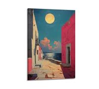 ZLXZPL Office Wall Painting Art Canvas Posters-Scene Poster Coastal Alley Under Moonlight Bringing Peaceful Vibe Decorative Painting 08x12inch(20x30cm) Frame-style