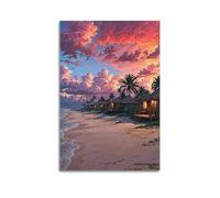 ZLXZPL Office Wall Painting Art Canvas Posters-Scene Poster Tropical Beach Huts At Sunset Bringing Romantic Vibe Decorative Painting 08x12inch(20x30cm) Unframe-style