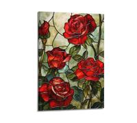 ZLXZPL Plant Red Rose in Stained Glass Style Wall Art Canvas Posters Prints for Modern Family Living Room Decor Artwork 12x18inch(30x45cm) Frame