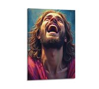 ZLXZPL Religious Art Poster Jesus Laughs Heartily with Head Thrown Back to Show A Different Emotion Wall Art Canvas Posters Prints for Modern Family Living Room Decor Artwork 20x30inch(50x75cm) Frame