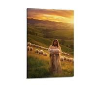 ZLXZPL Religious Poster Jesus Holds Lamb in Grassland As Shepherd to Show Loving Kindness Wall Art Canvas Posters Prints for Modern Family Living Room Decor Artwork 16x24inch(40x60cm) Frame