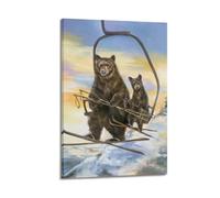 ZLXZPL Sport Fun Oil Painting Texture Style Bear Ski Lift Adventure Wall Art Canvas Posters Prints for Modern Family Living Room Decor Artwork 16x24inch(40x60cm) Frame