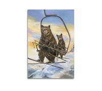 ZLXZPL Sport Fun Oil Painting Texture Style Bear Ski Lift Adventure Wall Art Canvas Posters Prints for Modern Family Living Room Decor Artwork 12x18inch(30x45cm) Unframe