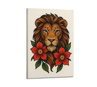 ZLXZPL Tattoo Art of Lion with Red Flowers in Traditional Style Wall Art Canvas Posters Prints for Modern Family Living Room Decor Artwork 08x12inch(20x30cm) Frame