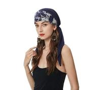 ZLYC Chemo Headwear Pre Tied Head Scarf Headwraps Lightweight Beanie Hat for Women(Solid Navy and Ink Grid),One Size