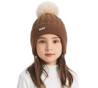 ZLYC Kids Girls Boys Winter Hats Cotton Lined Pom Pom Beanie Earflap Knitted Cap(Solid Brown),One Size