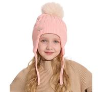 ZLYC Kids Girls Boys Winter Hats Cotton Lined Pom Pom Beanie Earflap Knitted Cap(Solid Pink),One Size