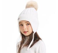 ZLYC Kids Girls Boys Winter Hats Cotton Lined Pom Pom Beanie Earflap Knitted Cap(Solid White),One Size
