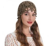 ZLYC Women Cotton Crochet Skull Cap Handmade Knit Cutout Floral Beanie Hat(Bead Tan),One Size