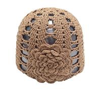ZLYC Women Cotton Crochet Skull Cap Handmade Knit Cutout Floral Beanie Hat(Flower Khaki)