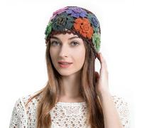 ZLYC Women Cotton Crochet Skull Cap Handmade Knit Cutout Floral Beanie Hat(Flowers Brown), One Size