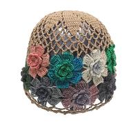 ZLYC Women Cotton Crochet Skull Cap Handmade Knit Cutout Floral Beanie Hat (Flowers Khaki), One Size