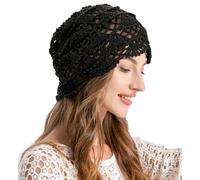 ZLYC Women Cotton Crochet Slouchy Beanie Hat Handmade Knit Cutout Summer Floral Skull Cap(Knitted Black),One Size