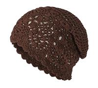 ZLYC Women Cotton Crochet Slouchy Beanie Hat Handmade Knit Cutout Summer Floral Skull Cap (Solid Brown)