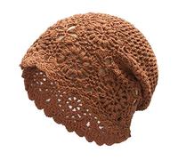 ZLYC Women Cotton Crochet Slouchy Beanie Hat Handmade Knit Cutout Summer Floral Skull Cap (Solid Caramel)