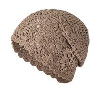 ZLYC Women Cotton Crochet Slouchy Beanie Hat Handmade Knit Cutout Summer Floral Skull Cap (Solid Khaki)