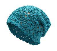 ZLYC Women Cotton Crochet Slouchy Beanie Hat Handmade Knit Cutout Summer Floral Skull Cap (Solid Peacock Blue)