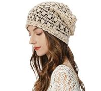 ZLYC Women Cotton Crochet Slouchy Beanie Hat Handmade Knit Summer Skull Cap(Popcorn Stripe Beige),One Size