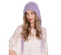 ZLYC Women Cotton Crochet Slouchy Beanie Hat with Tassel Handmade Knit Skull Cap(Solid Purple),One Size